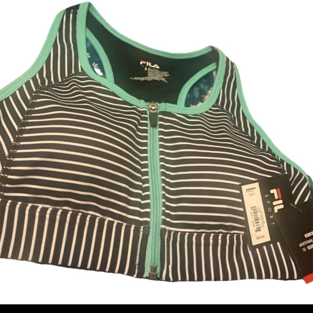 💜FILA SPORT Striped Zip-Front Medium support Impact Sports Bra Size Small